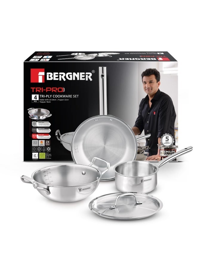 Bergner Tripro 4-Pc Triply Stainless Steel Cookware Set, 24cm (3.1L) Stir Fry Pan with Lid, 22cm Frying Pan, 16cm (1.7L) Saucepan, Less Oil Use Healthy Cooking Set, Even Heating, Induction & Gas Ready - Image 1